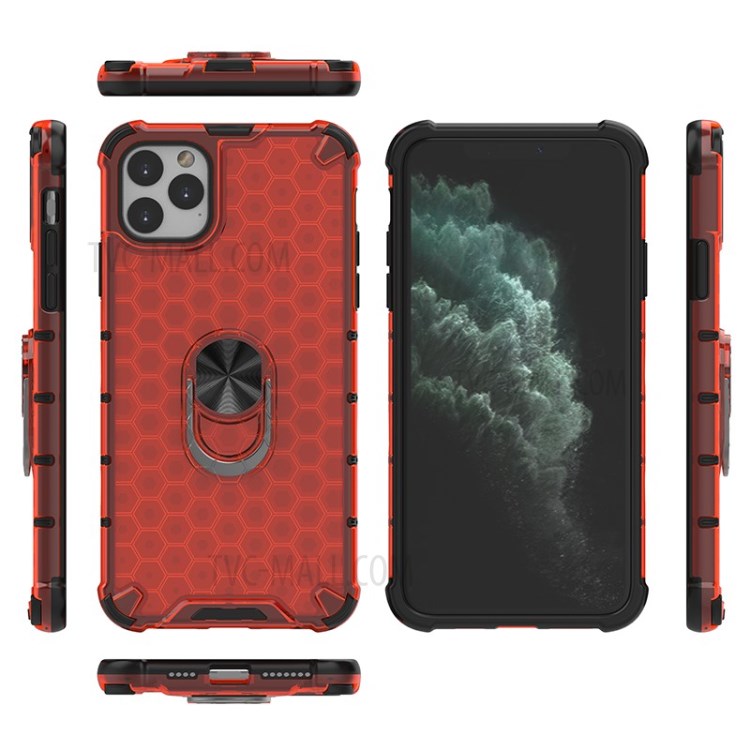 Finger Ring Kickstand Honeycomb Pattern TPU + PC Hybrid Case for iPhone 11 Pro Max 6.5 inch - Red-2