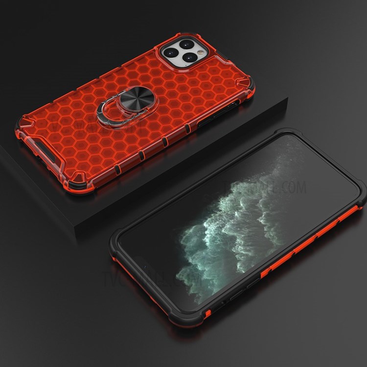 Finger Ring Kickstand Honeycomb Pattern TPU + PC Hybrid Case for iPhone 11 Pro Max 6.5 inch - Red-3
