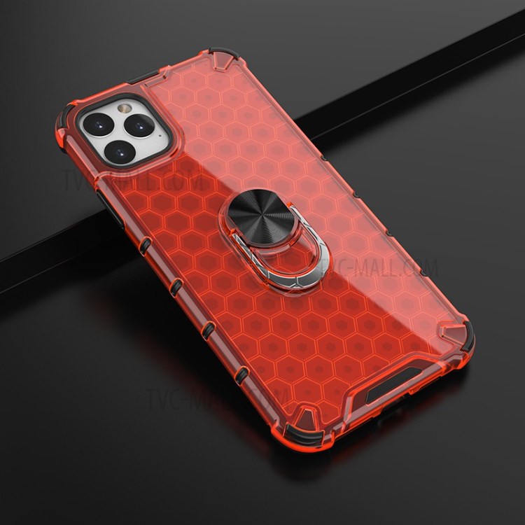 Finger Ring Kickstand Honeycomb Pattern TPU + PC Hybrid Case for iPhone 11 Pro Max 6.5 inch - Red-4