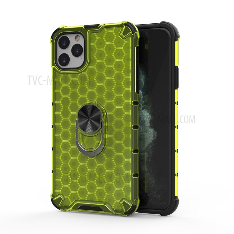 Finger Ring Kickstand Honeycomb Pattern TPU + PC Hybrid Case for iPhone 11 Pro Max 6.5 inch - Green-1