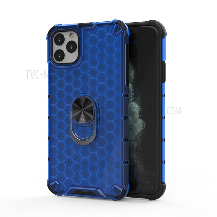 Finger Ring Kickstand Honeycomb Pattern TPU + PC Hybrid Case for iPhone 11 Pro Max 6.5 inch - Blue-1