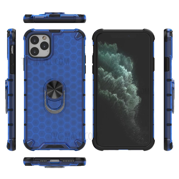Finger Ring Kickstand Honeycomb Pattern TPU + PC Hybrid Case for iPhone 11 Pro Max 6.5 inch - Blue-2