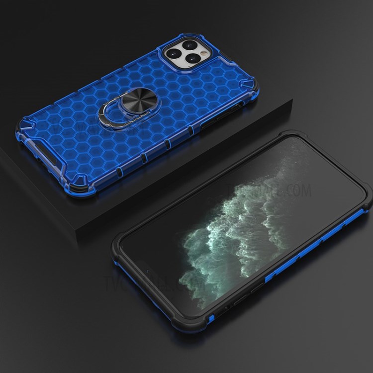Finger Ring Kickstand Honeycomb Pattern TPU + PC Hybrid Case for iPhone 11 Pro Max 6.5 inch - Blue-3