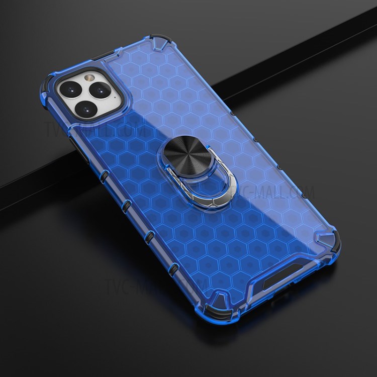 Finger Ring Kickstand Honeycomb Pattern TPU + PC Hybrid Case for iPhone 11 Pro Max 6.5 inch - Blue-4