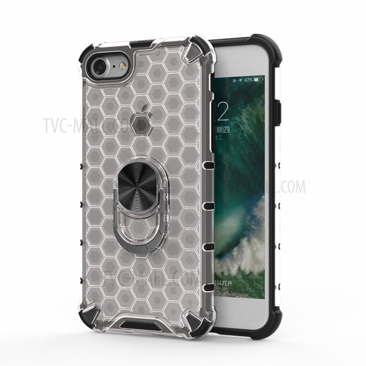 Finger Ring Kickstand Honeycomb Pattern TPU + PC Hybrid Shell for iPhone SE (2nd Generation)/8/7 - White-1