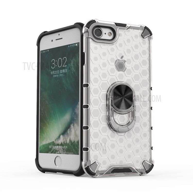 Finger Ring Kickstand Honeycomb Pattern TPU + PC Hybrid Shell for iPhone SE (2nd Generation)/8/7 - White-10