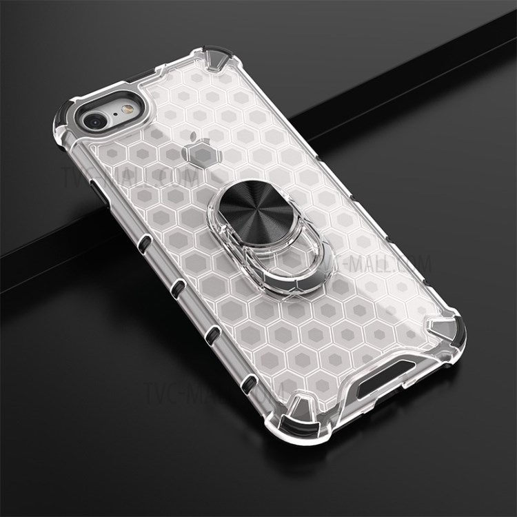 Finger Ring Kickstand Honeycomb Pattern TPU + PC Hybrid Shell for iPhone SE (2nd Generation)/8/7 - White-14