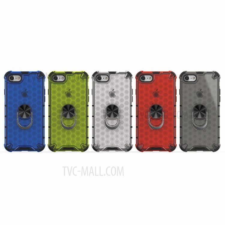 Finger Ring Kickstand Honeycomb Pattern TPU + PC Hybrid Shell for iPhone SE (2nd Generation)/8/7 - White-15