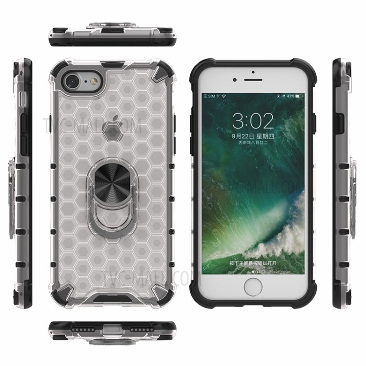 Finger Ring Kickstand Honeycomb Pattern TPU + PC Hybrid Shell for iPhone SE (2nd Generation)/8/7 - White-2