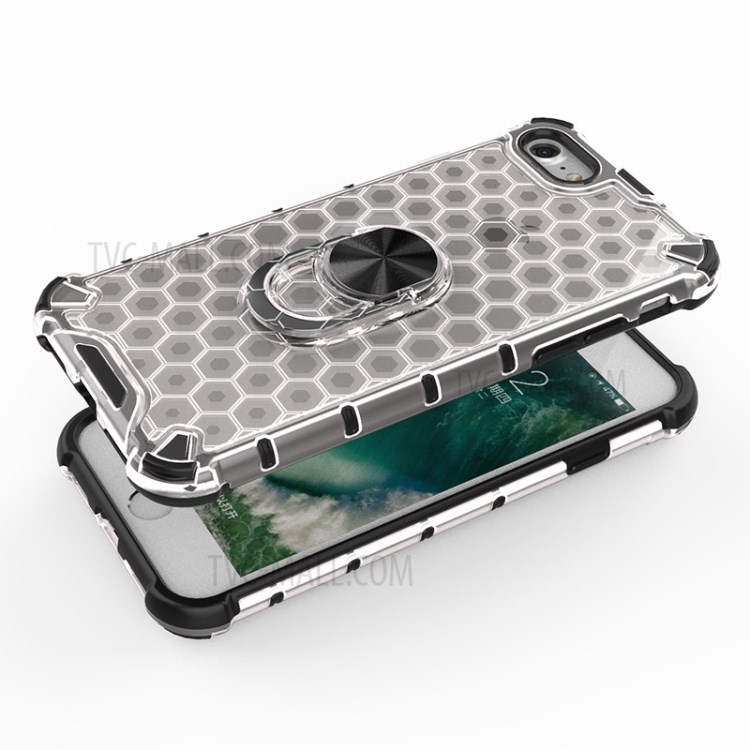 Finger Ring Kickstand Honeycomb Pattern TPU + PC Hybrid Shell for iPhone SE (2nd Generation)/8/7 - White-4