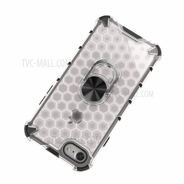 Finger Ring Kickstand Honeycomb Pattern TPU + PC Hybrid Shell for iPhone SE (2nd Generation)/8/7 - White-6