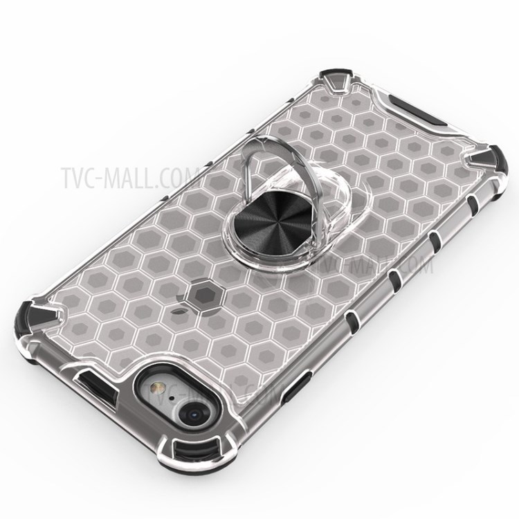 Finger Ring Kickstand Honeycomb Pattern TPU + PC Hybrid Shell for iPhone SE (2nd Generation)/8/7 - White-7