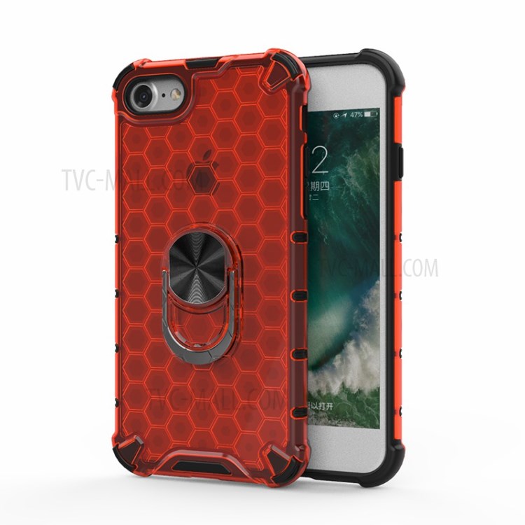 Finger Ring Kickstand Honeycomb Pattern TPU + PC Hybrid Shell for iPhone SE (2nd Generation)/8/7 - Red-1