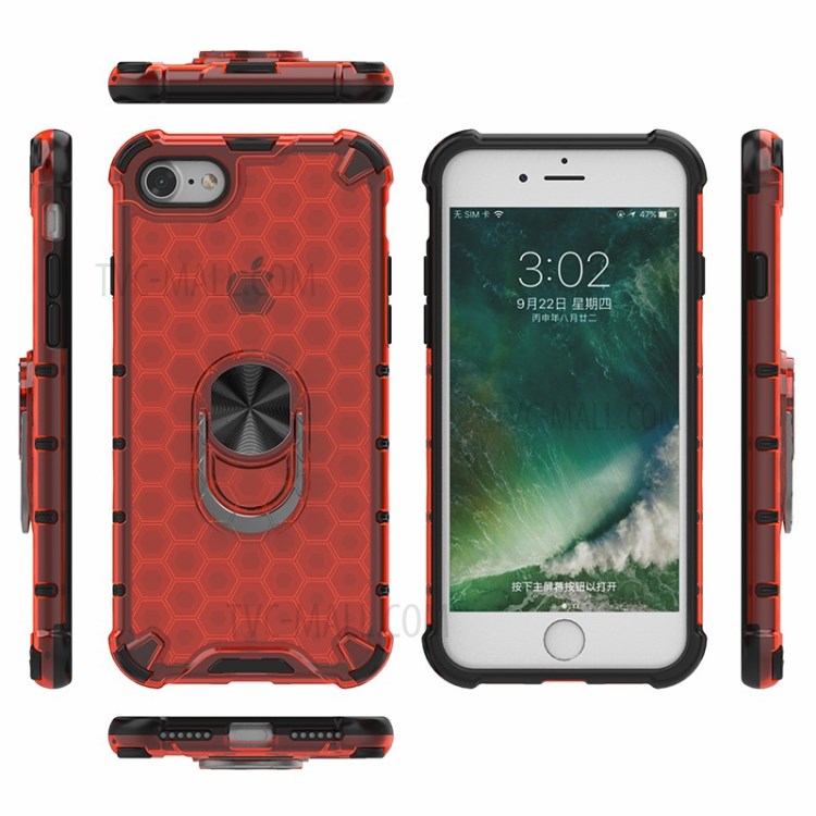 Finger Ring Kickstand Honeycomb Pattern TPU + PC Hybrid Shell for iPhone SE (2nd Generation)/8/7 - Red-2