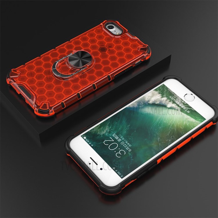 Finger Ring Kickstand Honeycomb Pattern TPU + PC Hybrid Shell for iPhone SE (2nd Generation)/8/7 - Red-3