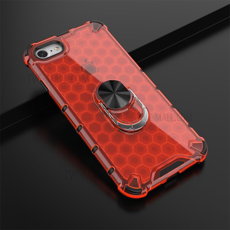 Finger Ring Kickstand Honeycomb Pattern TPU + PC Hybrid Shell for iPhone SE (2nd Generation)/8/7 - Red-4