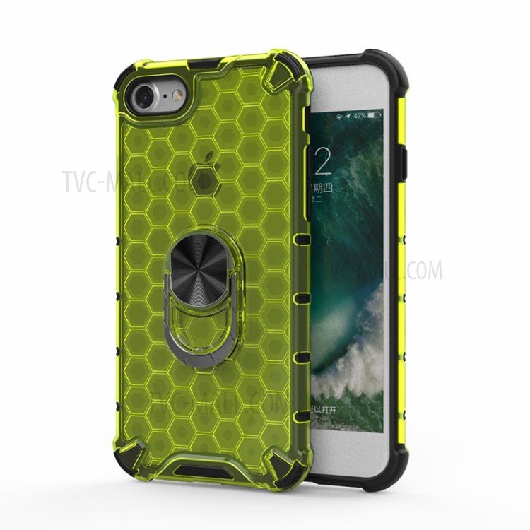 Finger Ring Kickstand Honeycomb Pattern TPU + PC Hybrid Shell for iPhone SE (2nd Generation)/8/7 - Green-1
