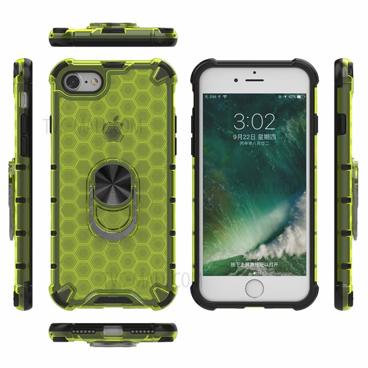 Finger Ring Kickstand Honeycomb Pattern TPU + PC Hybrid Shell for iPhone SE (2nd Generation)/8/7 - Green-2