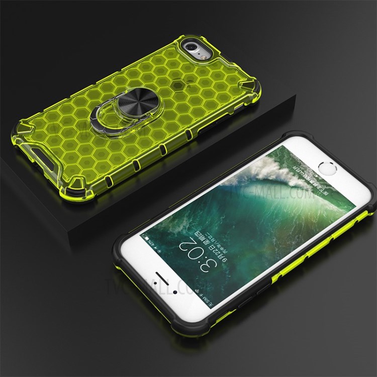 Finger Ring Kickstand Honeycomb Pattern TPU + PC Hybrid Shell for iPhone SE (2nd Generation)/8/7 - Green-3