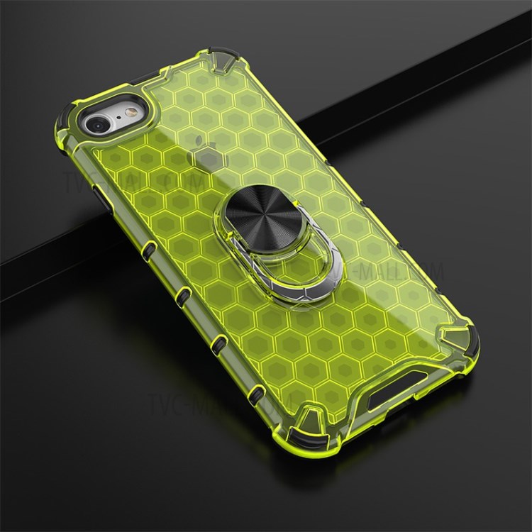 Finger Ring Kickstand Honeycomb Pattern TPU + PC Hybrid Shell for iPhone SE (2nd Generation)/8/7 - Green-4