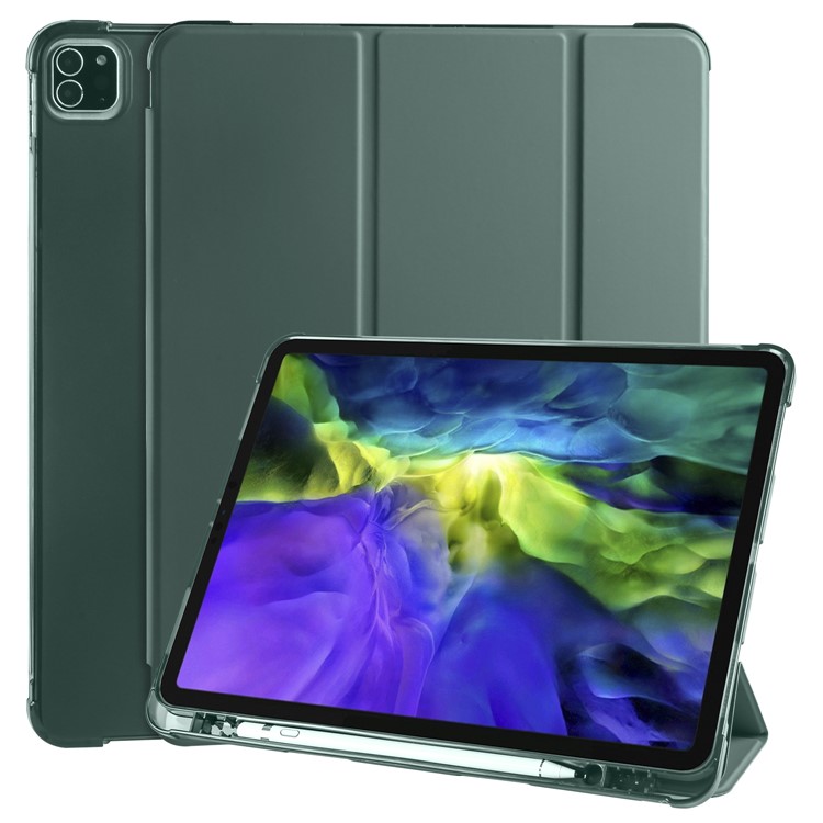 Tri-fold Stand Wake/Sleep Leather Tablet Shell with Pen Slot for iPad Pro 12.9-inch (2020)/(2018) - Dark Green-1