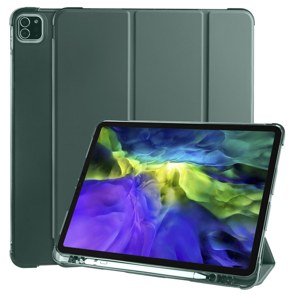 Tri-fold Stand Leather Smart Cover with Pen Slot for iPad Pro 11-inch (2020)/(2018) - Dark Green-1