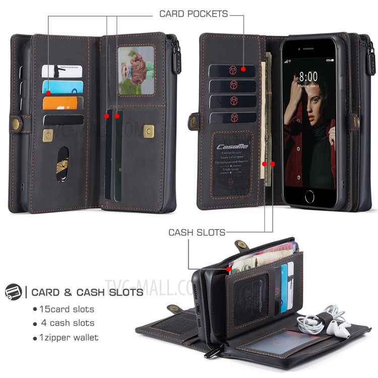 Caseme 018 Série Case Pour Iphone SE (2020) / SE (2022) / 8/7 Grosted Leather Magnetic 2-in-1 Slots de Carte - le Noir