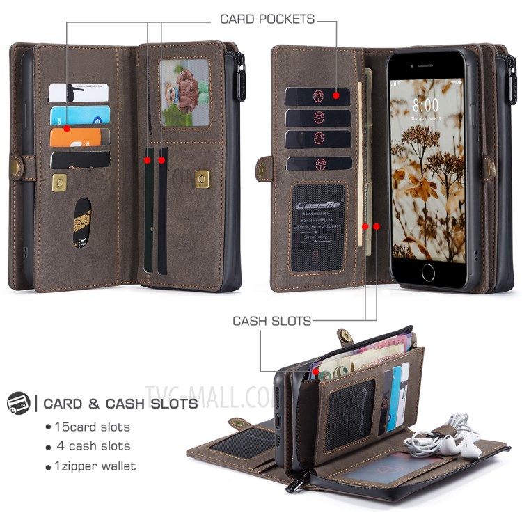 Caseme 018 Série Case Pour Iphone SE (2020) / SE (2022) / 8/7 Grosted Leather Magnetic 2-in-1 Slots de Carte - Brun-3