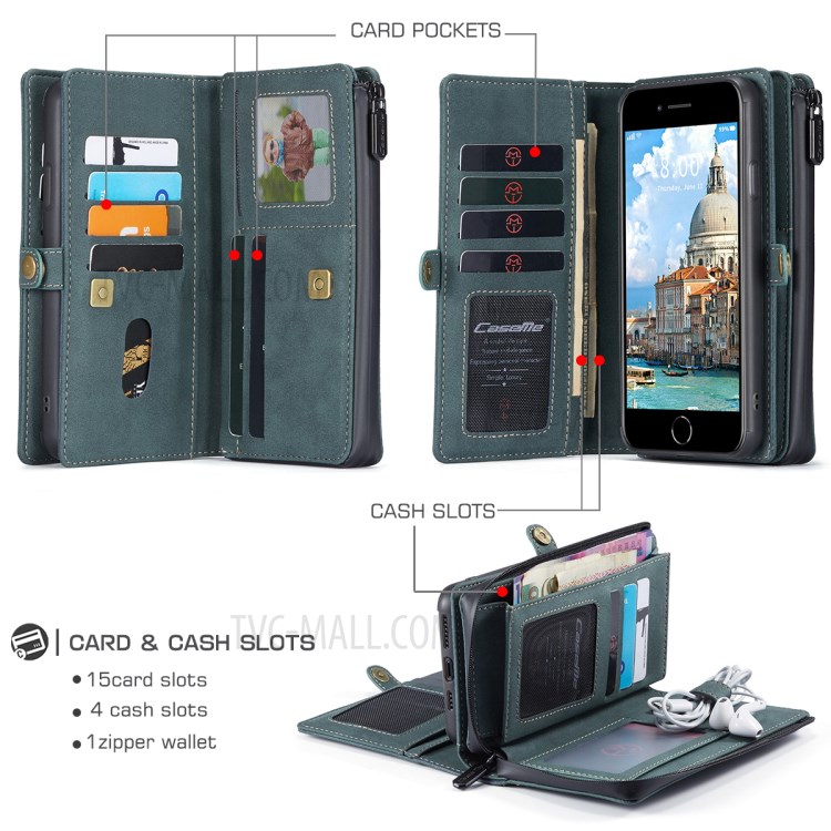 Casema de la Serie Caseme 018 Para Iphone SE (2020)/SE (2022)/8/7 Ranuras de Tarjetas Múltiples de Cuero Esmerilado 2 en 1 - Verde