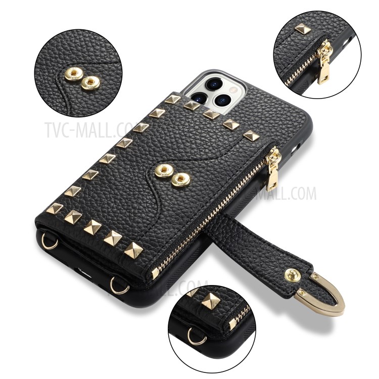 Decoração Rebite Caso Híbrido Slots De Cartão De Couro TPU Múltiplo Para Iphone 11 Pro 5,8 Polegadas - Preto-1