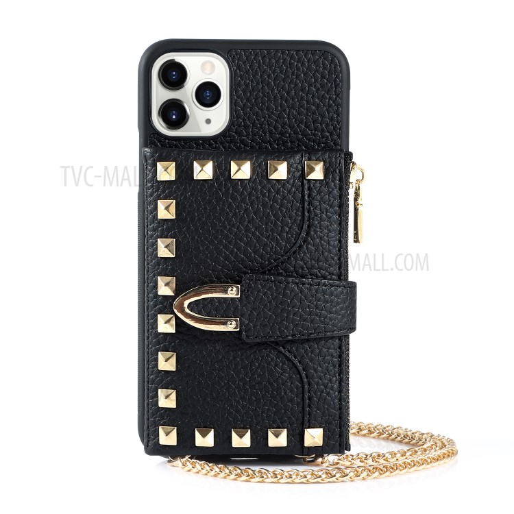 Decoração Rebite Caso Híbrido Slots De Cartão De Couro TPU Múltiplo Para Iphone 11 Pro 5,8 Polegadas - Preto-3