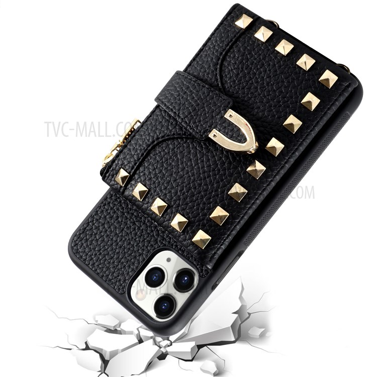 Decoração Rebite Slots De Cartão Cover Híbrido Couro TPU Múltiplo Para Iphone 11 Pro Máximo De 6,5 Polegadas - Preto-2