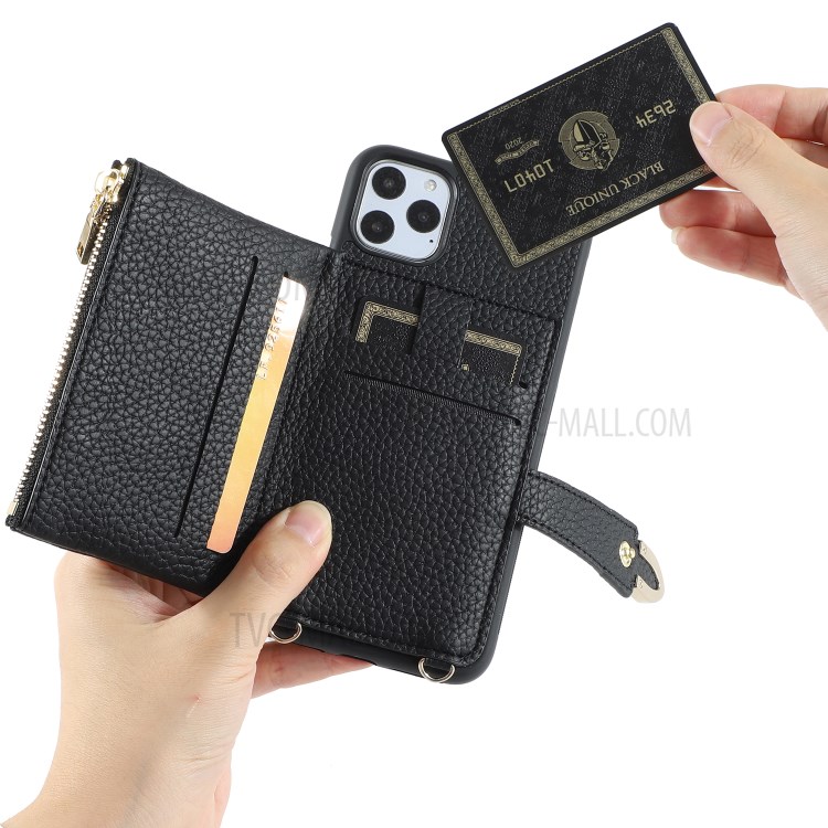 Decoração Rebite Slots De Cartão Cover Híbrido Couro TPU Múltiplo Para Iphone 11 Pro Máximo De 6,5 Polegadas - Preto-5