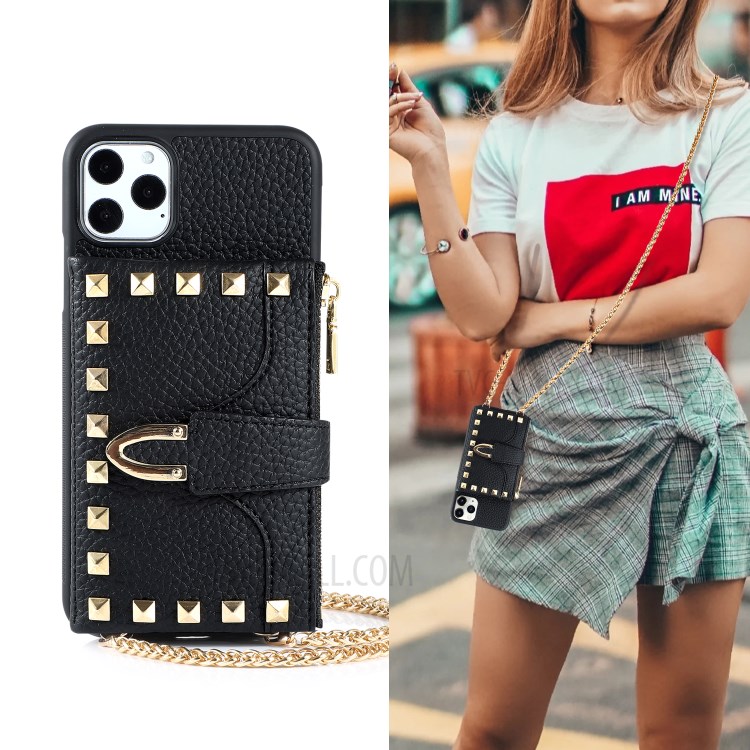 Decoração Rebite Slots De Cartão Cover Híbrido Couro TPU Múltiplo Para Iphone 11 Pro Máximo De 6,5 Polegadas - Preto-7