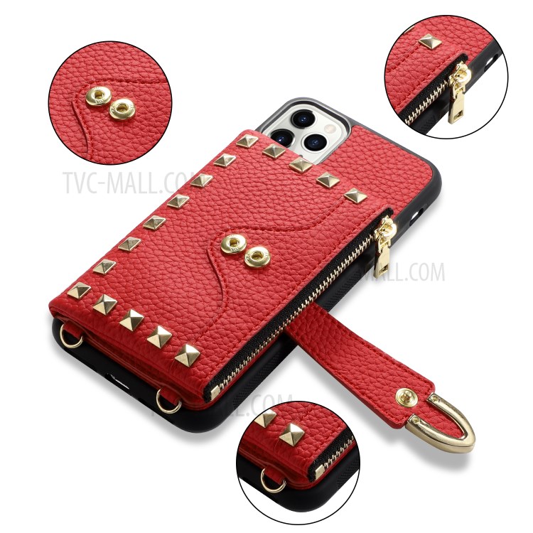 Rivet Decor Multiple Card Slots TPU Leather Hybrid Cover for iPhone 11 Pro Max 6.5 inch - Red-1