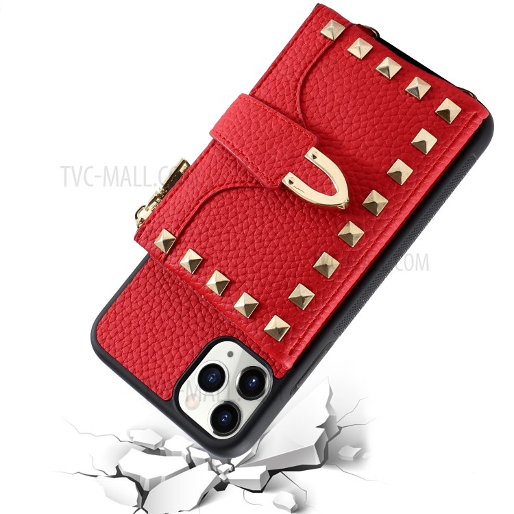 Rivet Decor Multiple Card Slots TPU Leather Hybrid Cover for iPhone 11 Pro Max 6.5 inch - Red-2