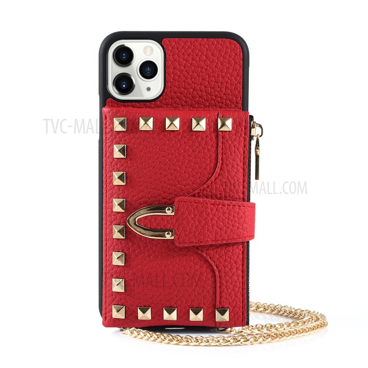 Rivet Decor Multiple Card Slots TPU Leather Hybrid Cover for iPhone 11 Pro Max 6.5 inch - Red-3
