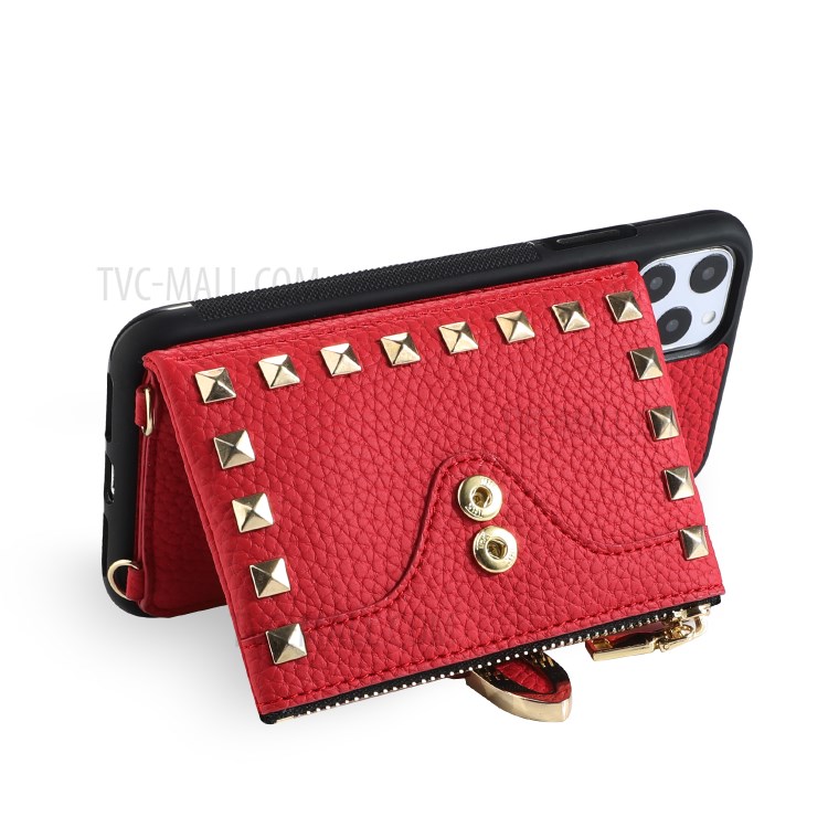 Rivet Decor Multiple Card Slots TPU Leather Hybrid Cover for iPhone 11 Pro Max 6.5 inch - Red-4