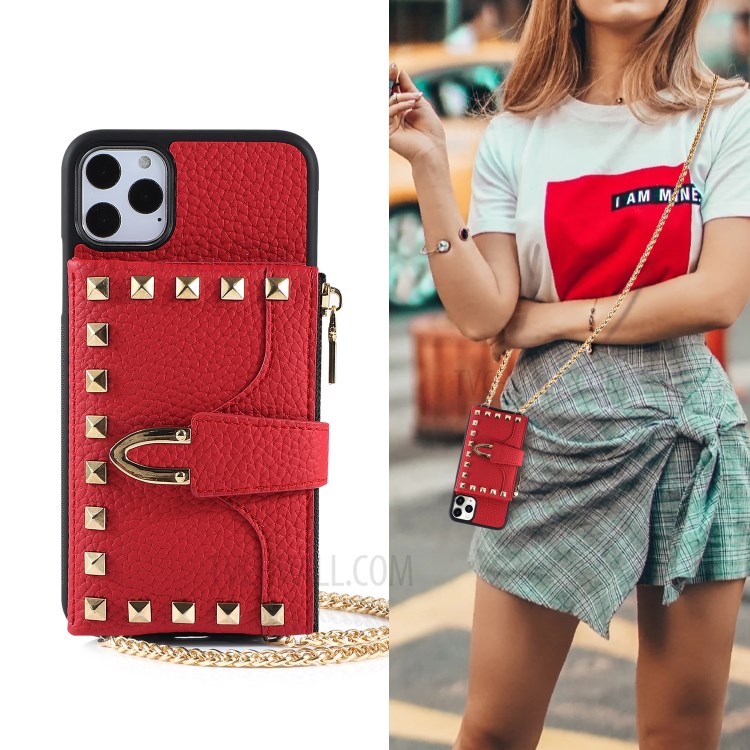 Rivet Decor Multiple Card Slots TPU Leather Hybrid Cover for iPhone 11 Pro Max 6.5 inch - Red-7