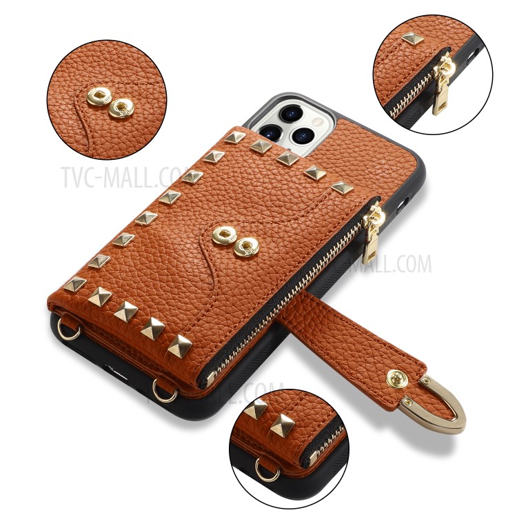 Rivet Decor Multiple Card Slots TPU Leather Hybrid Cover for iPhone 11 Pro Max 6.5 inch - Brown