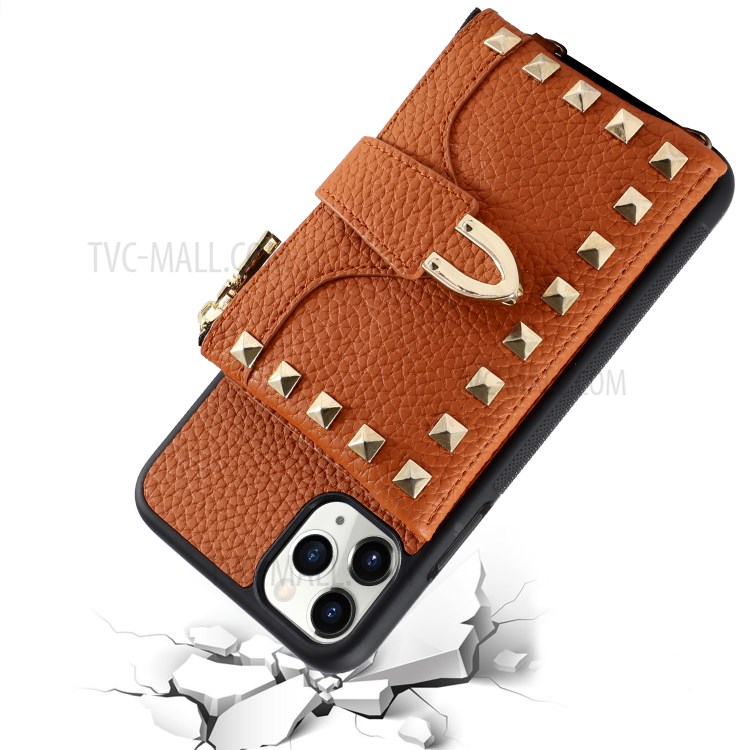 La Decoración Del Remache Ranuras Para Tarjetas De La Cubierta Del Cuero Del Híbrido Múltiple Para IPhone 11 Pro Máximo De 6,5 Pulgadas - Marrón-2