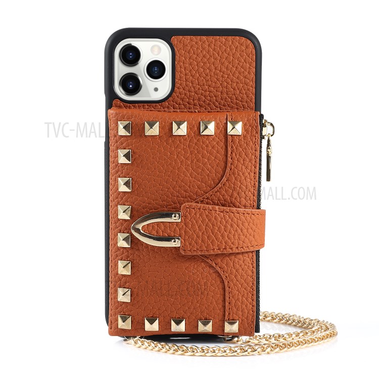 La Decoración Del Remache Ranuras Para Tarjetas De La Cubierta Del Cuero Del Híbrido Múltiple Para IPhone 11 Pro Máximo De 6,5 Pulgadas - Marrón-3