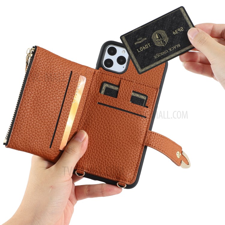 La Decoración Del Remache Ranuras Para Tarjetas De La Cubierta Del Cuero Del Híbrido Múltiple Para IPhone 11 Pro Máximo De 6,5 Pulgadas - Marrón-5