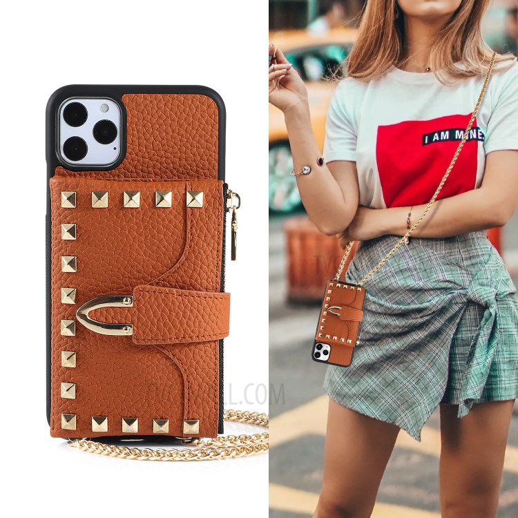 La Decoración Del Remache Ranuras Para Tarjetas De La Cubierta Del Cuero Del Híbrido Múltiple Para IPhone 11 Pro Máximo De 6,5 Pulgadas - Marrón-7