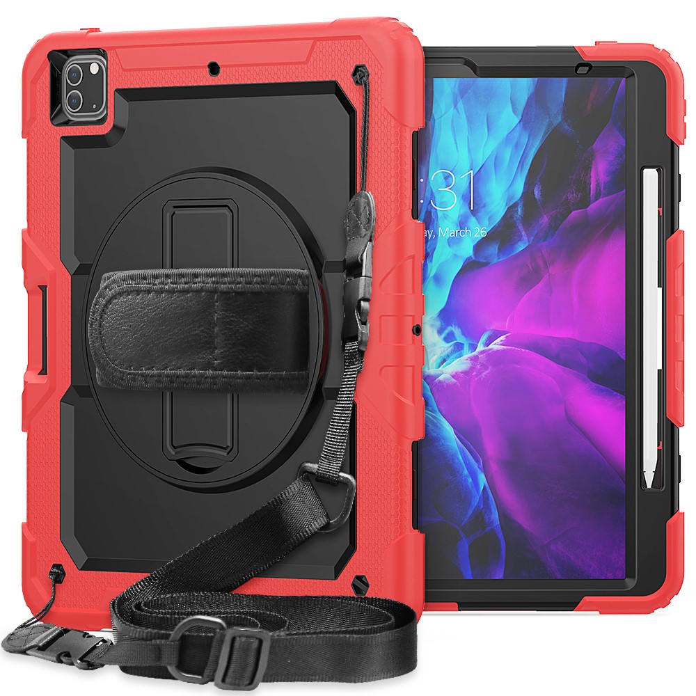 Tablet Case for iPad Pro 12.9 (2022)/(2021)/(2020)/(2018) Swivel Kickstand Hand Strap PC + Silicone Cover with Shoulder Strap - Red