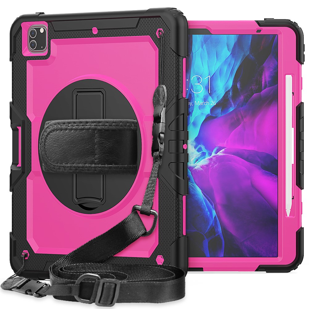 Tablet Case for iPad Pro 12.9 (2022)/(2021)/(2020)/(2018) Swivel Kickstand Hand Strap PC + Silicone Cover with Shoulder Strap - Black / Rose