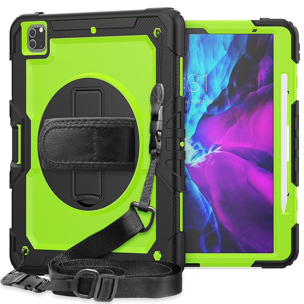 Tablet Case for iPad Pro 12.9 (2022)/(2021)/(2020)/(2018) Swivel Kickstand Hand Strap PC + Silicone Cover with Shoulder Strap - Black / Yellow-green