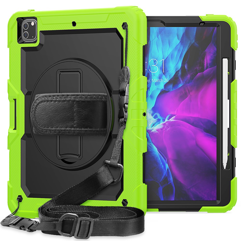 Tablet Case for iPad Pro 12.9 (2022)/(2021)/(2020)/(2018) Swivel Kickstand Hand Strap PC + Silicone Cover with Shoulder Strap - Yellow-green