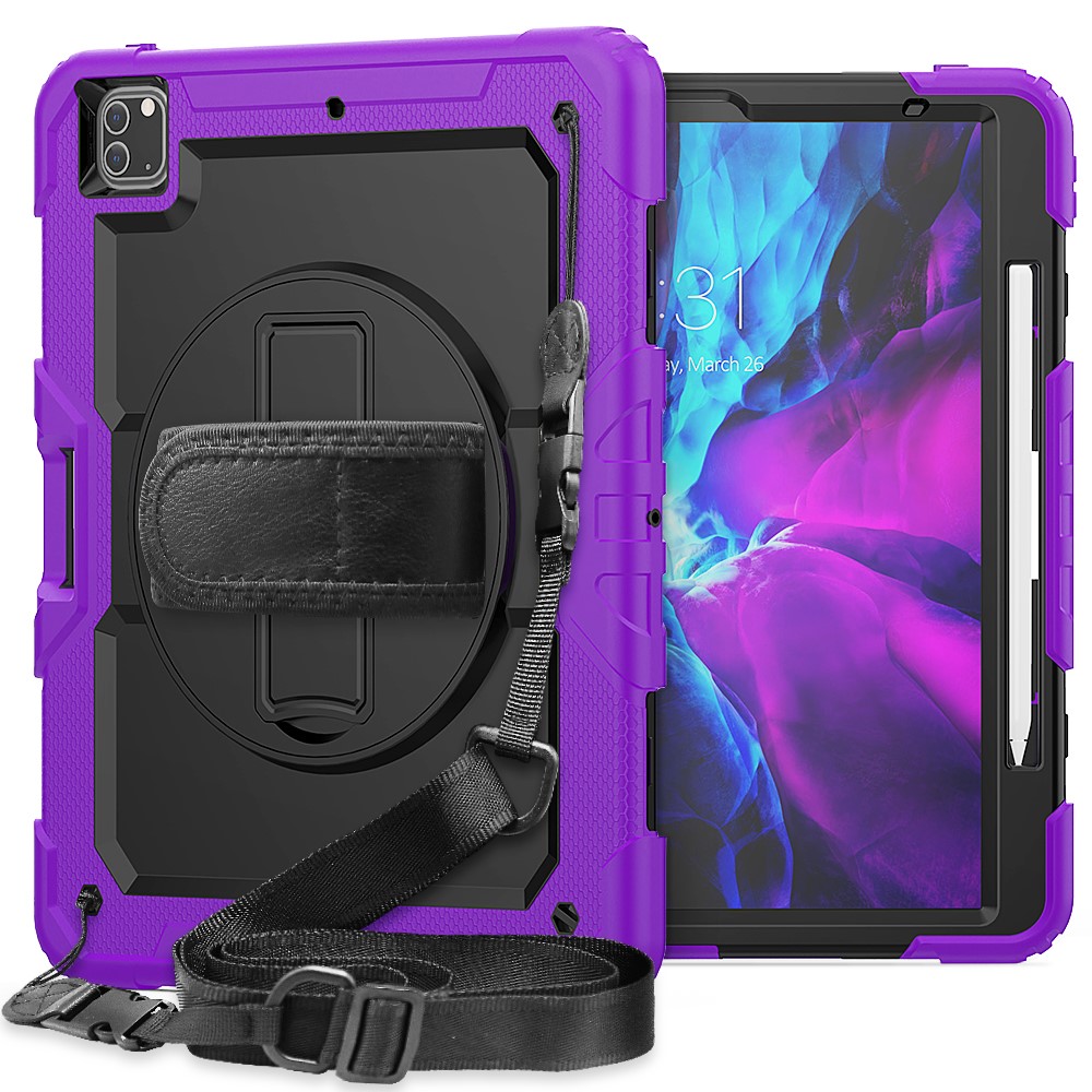 Tablet Case for iPad Pro 12.9 (2022)/(2021)/(2020)/(2018) Swivel Kickstand Hand Strap PC + Silicone Cover with Shoulder Strap - Purple