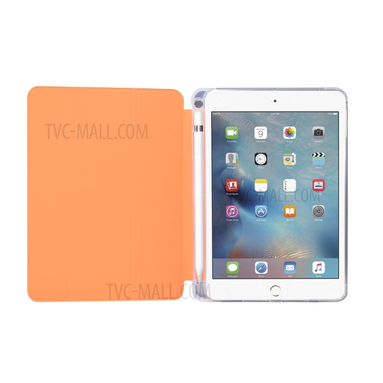Skin Feeling Tri-fold Stand Leather TPU Protection Cover with Pen Slot for iPad mini (2019) 7.9 inch/mini 4 - Orange-3